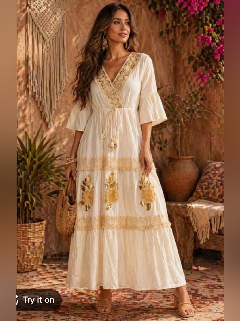 Boutique Brand Boho White & Gold Embroidered V-Neck Maxi Dress, Size S, NWT
